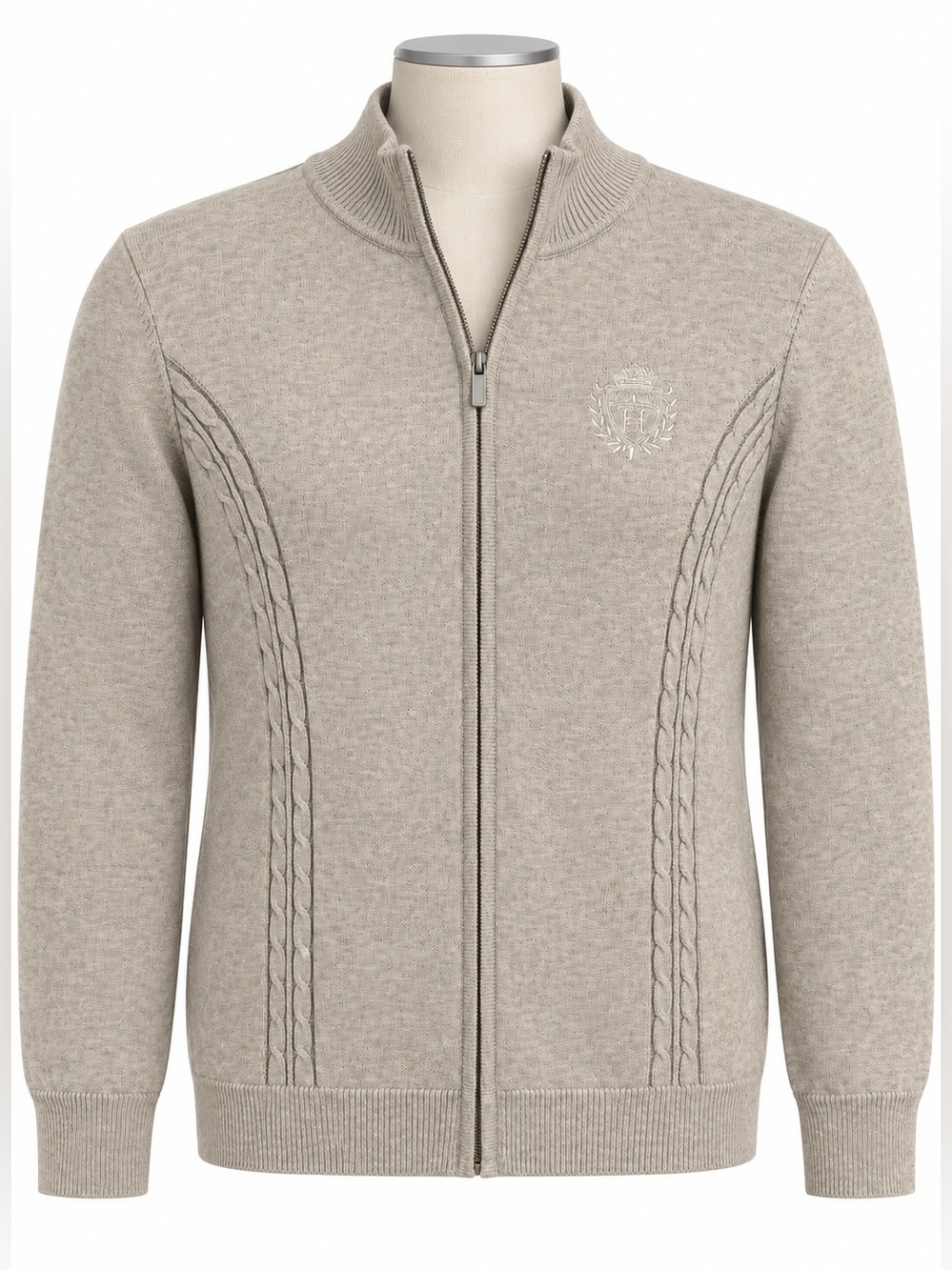 Tommy Hilfiger Men’s Large Beige Full Zip Cable Knit Sweater Crest 3/4 Zip Fall